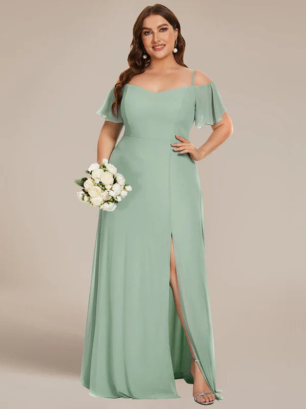 Plus Size Cold Shoulder Formal Bridesmaid Dress with Side Slit