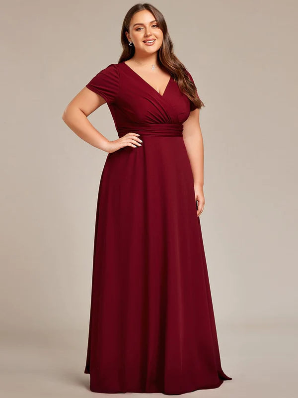 Plus Size Pleated V-Neck Short Sleeves Empire Waist A-Line Bridesmaid Dress