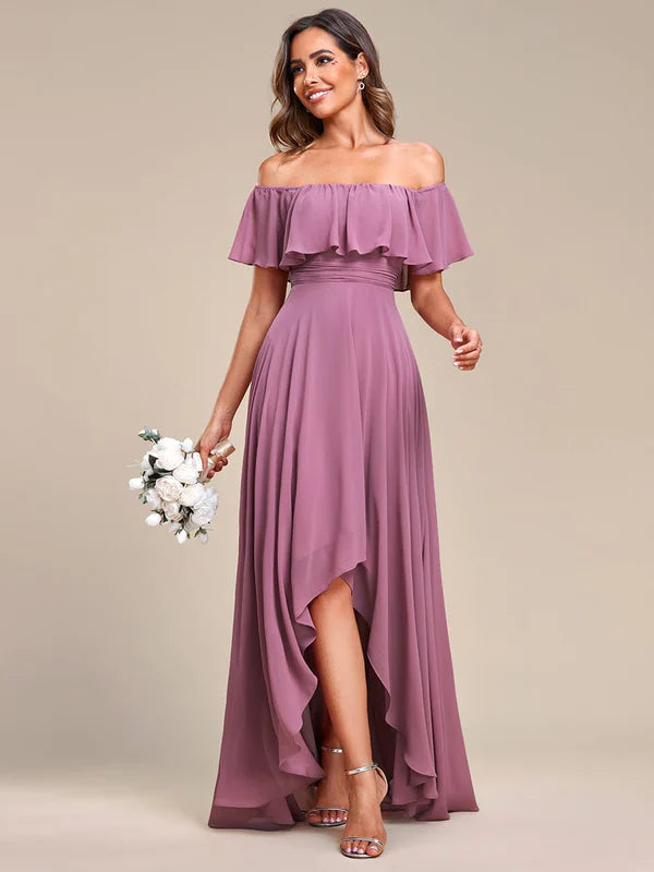 Elegant Chiffon High-Low Off The Shoulder Bridesmaid Dress
