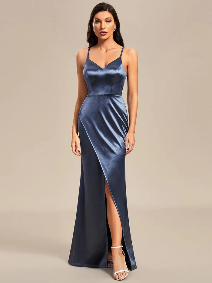 Pleated Front Slit Spaghetti Straps High Stretch Bodycon Satin Bridesmaid Dress/Prom  Dresses
