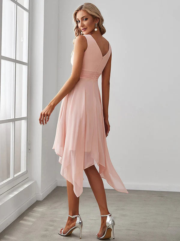 Chiffon Double V-Neck A Line Bridesmaid Dress with Asymmetrical Hem