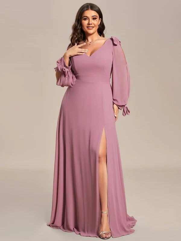 Plus Size Open Lantern Sleeve A-Line Bridesmaid Dress
