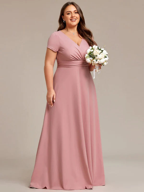 Plus Size Pleated V-Neck Short Sleeves Empire Waist A-Line Bridesmaid Dress