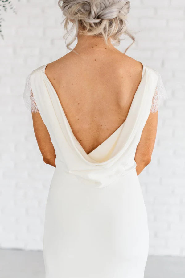 Buyishang Bateau Neck Lace Cap Sleeve Sheath Satin Chiffon Dress With Cowl Back