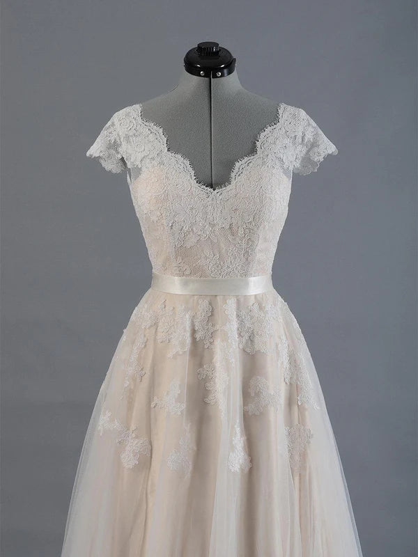 Buyishang Cap Sleeve V-Neck Lace Tulle Wedding Dress With Zipper Back