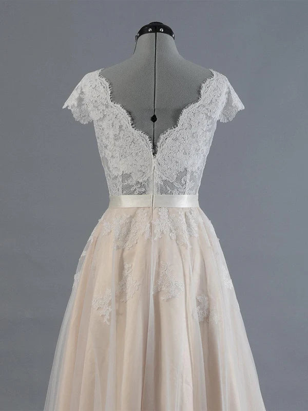 Buyishang Cap Sleeve V-Neck Lace Tulle Wedding Dress With Zipper Back