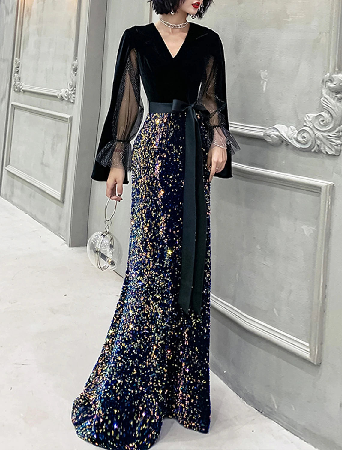 Mermaid / Trumpet Evening Gown Sparkle Dress Wedding Guest Prom Floor Length Long Sleeve V Neck Sequined with Sash / Ribbon Sequin