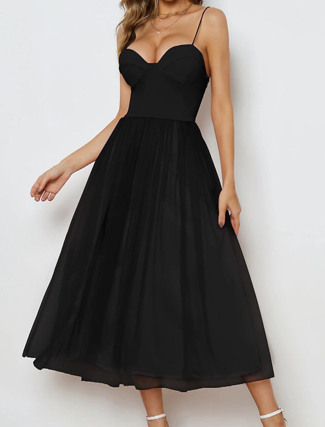 Women's Party Dress Homecoming Dress Wedding Guest Dress Midi Dress Black White Pink Sleeveless Pure Color Mesh Summer Spring Fall Spaghetti Strap Party Wedding Guest Birthday Evening Party