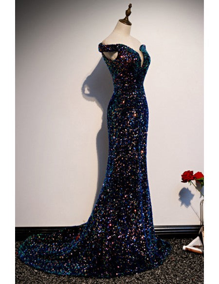 Navy Colorful Sequins Mermaid Prom Dress Off Shoulder