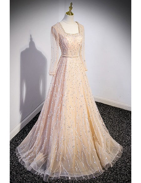 Elegant Champagne Long Evening Prom Dress with Beaded Square Neckline