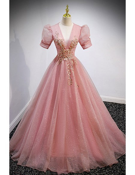Princess Pink Ballgown Prom Dress Vneck with Gold Blings