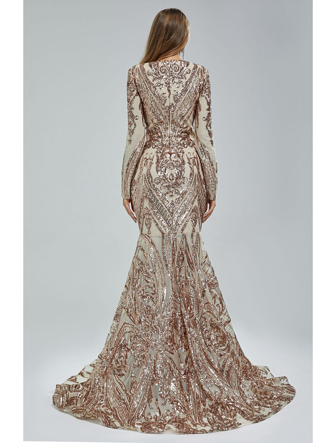 Mermaid / Trumpet Evening Gown Elegant Dress Carnival Formal Court Train Long Sleeve V Neck African American Lace with Sequin