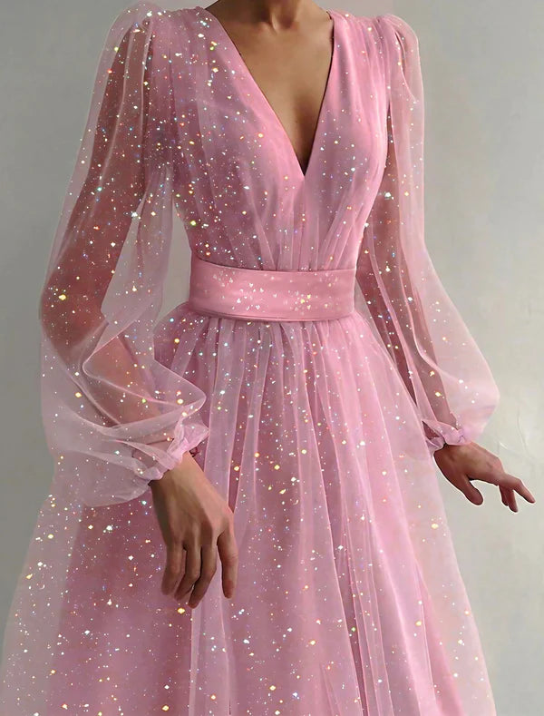 Women's Party Dress Homecoming Dress Holiday Dress Midi Dress Pink Apricot Long Sleeve Pure Color Mesh Summer Spring Fall V Neck Romantic Party Winter Dress Birthday