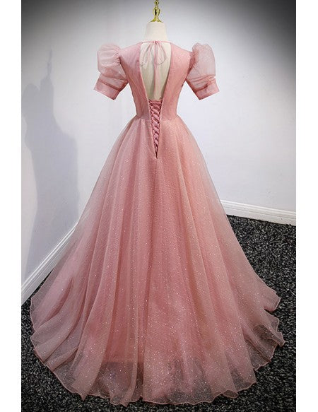 Princess Pink Ballgown Prom Dress Vneck with Gold Blings