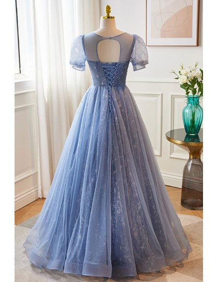 Modest Blue Bubble Sleeved Ballgown Prom Dress with Sequins