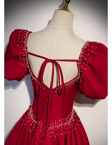 Romantic Beaded Square Neck Long Satin Prom Dress with Beadings