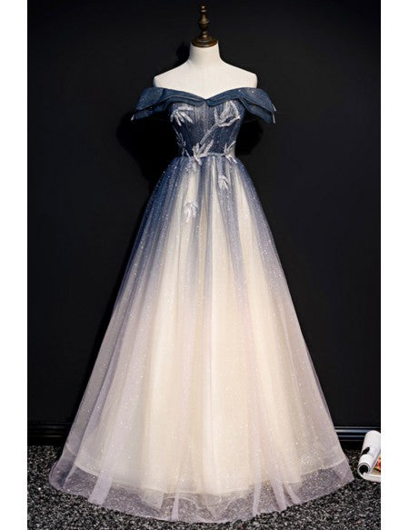 Off Shoulder Ombre Blue Bling Tulle Prom Dress