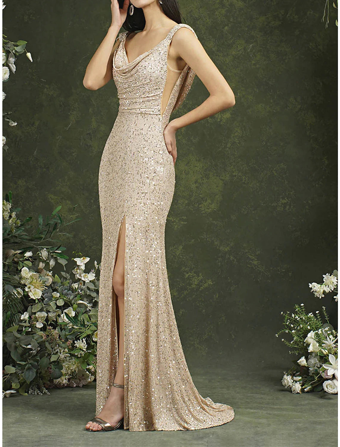 Women's Sequin Dress Prom Dress Party Dress Sparkly Dress Long Dress Maxi Dress Champagne Sleeveless Spring Fall Winter Spaghetti Strap Fashion Evening Party