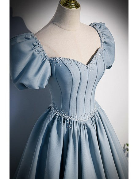 Ruffled Blue Satin Long Prom Dress with Beadings