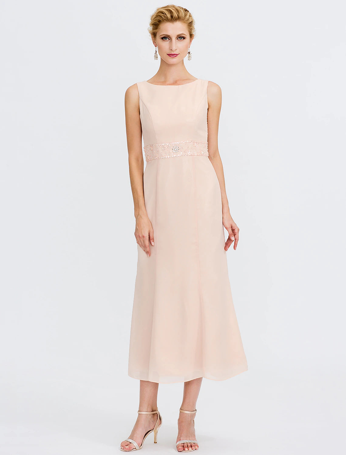 Two Piece Sheath / Column Mother of the Bride Dress Wedding Guest Elegant Plus Size Jewel Neck Tea Length Chiffon Sleeveless Wrap Included with Sash / Ribbon Pleats Beading