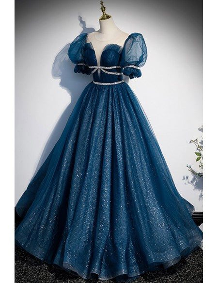 Fantasy Blue Sparkly Bling Prom Dress with Bubble Sleeves