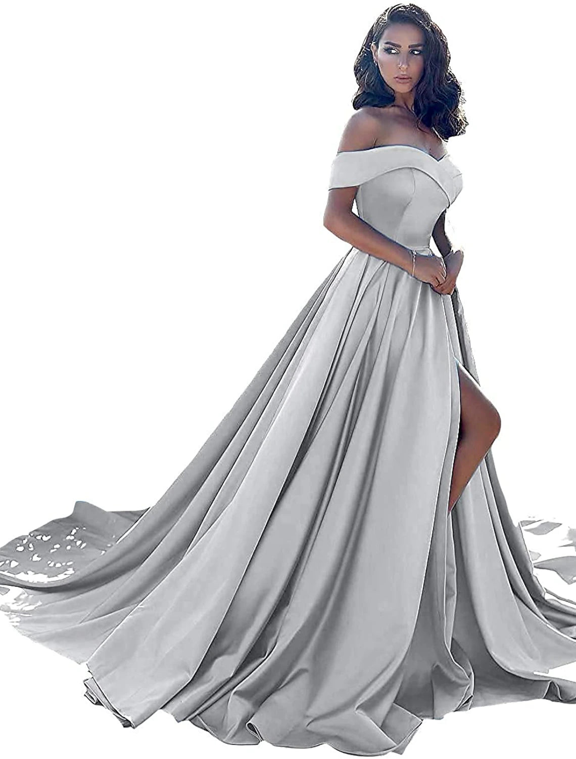 A-Line Evening Gown Minimalist Dress Prom Formal Evening Chapel Train Sleeveless Off Shoulder Satin with Split Front