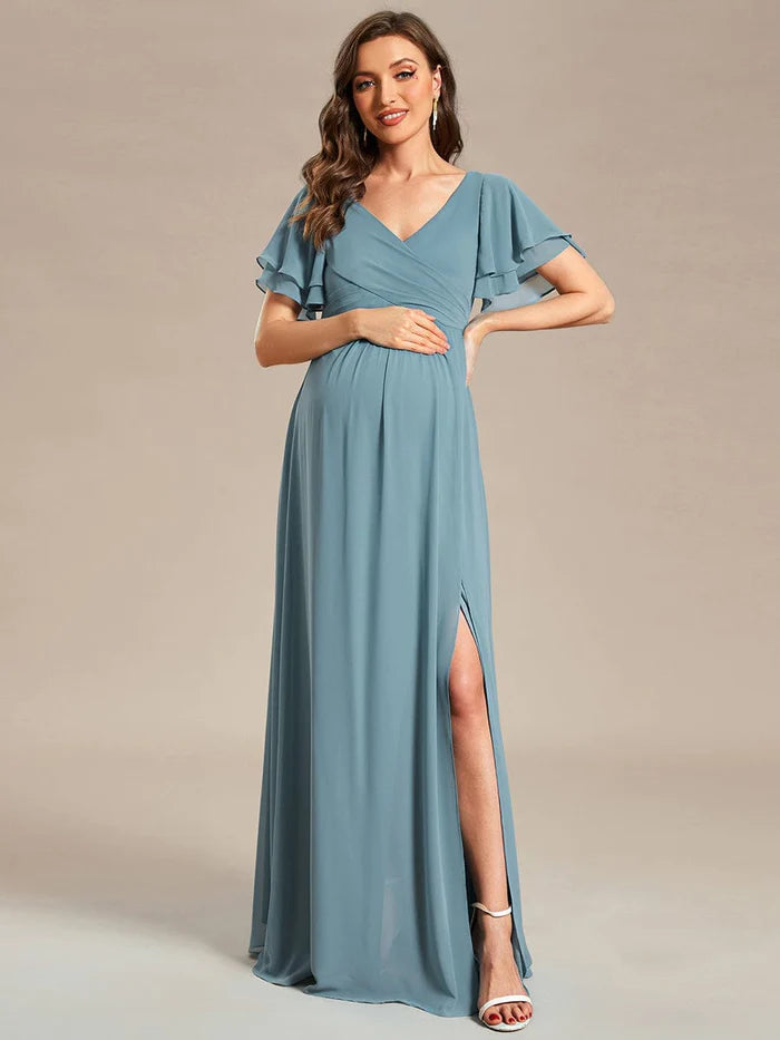 A-Line Ruffles Sleeve Front Slit Pleated Chiffon Maternity Dress/Prom Dresses