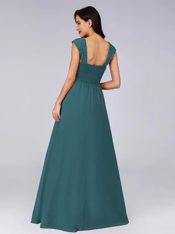 Custom Size Elegant A Line Long Chiffon Bridesmaid Dress With Lace Bodice