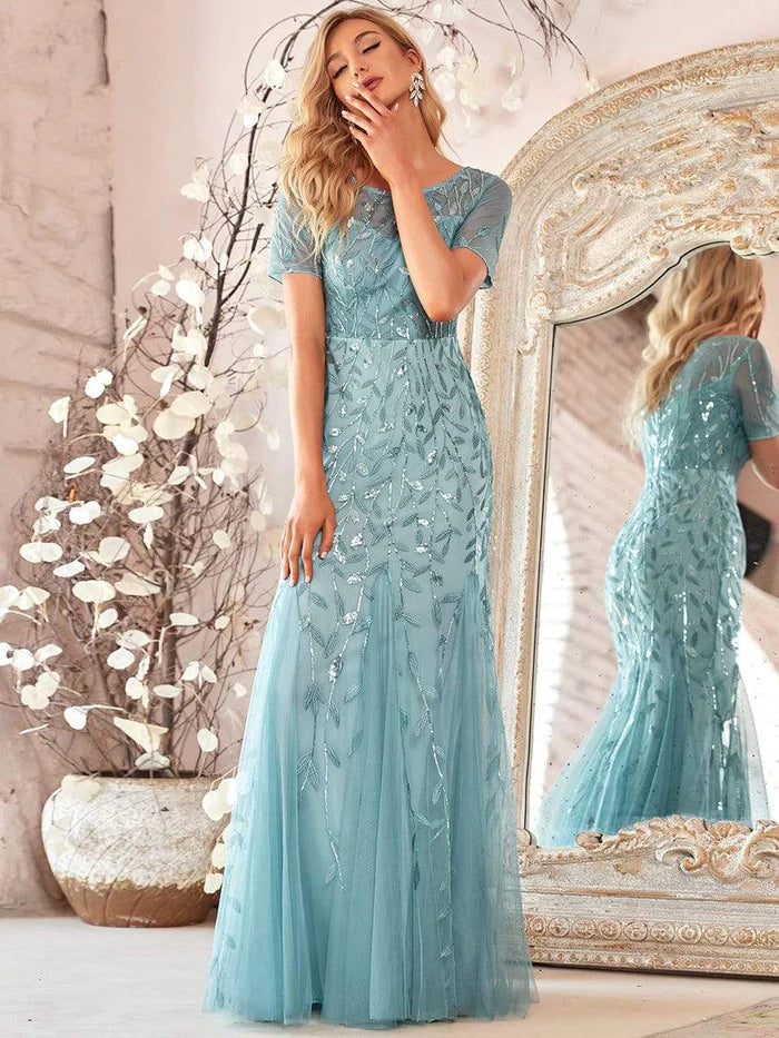 Floral Sequin Maxi Fishtail Tulle Prom Dress with Short Sleeve/From Dresses