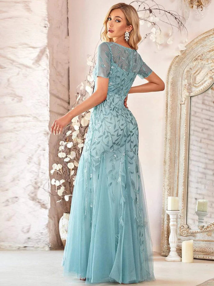 Floral Sequin Maxi Fishtail Tulle Prom Dress with Short Sleeve/From Dresses