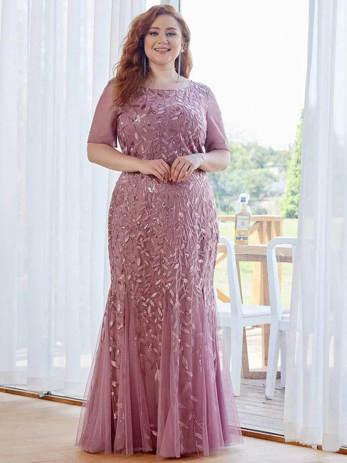 Floral Sequin Print Plus Size Mermaid Tulle Evening Dress