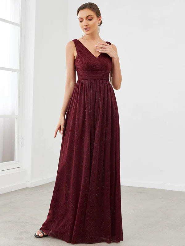Double V Neck Floor Length Sparkly Evening Dresses for Party