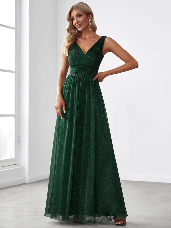 Double V Neck Floor Length Sparkly Evening Dresses for Party