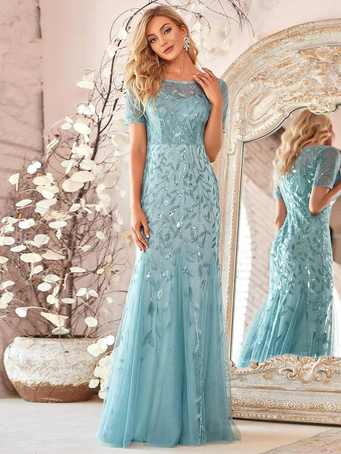 Floral Sequin Maxi Fishtail Tulle Prom Dress with Short Sleeve/From Dresses