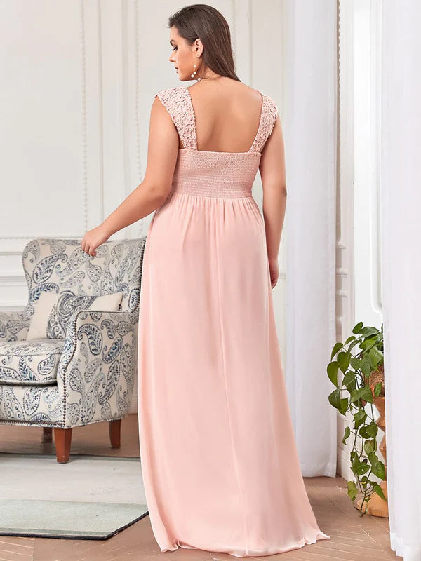 Custom Size Elegant A Line Long Chiffon Bridesmaid Dress With Lace Bodice