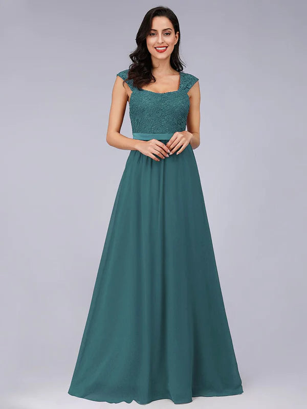 Custom Size Elegant A Line Long Chiffon Bridesmaid Dress With Lace Bodice