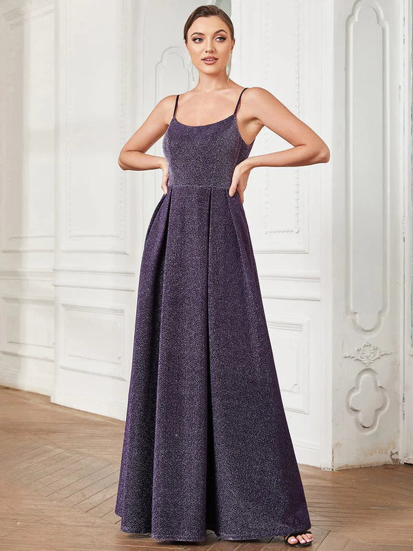 Spaghetti Strap Pleated A-Line Evening Dress