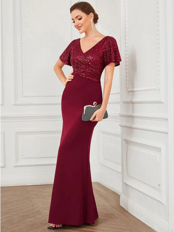 Sequin Short Sleeve Top Cinched Waist Column Evening Dress