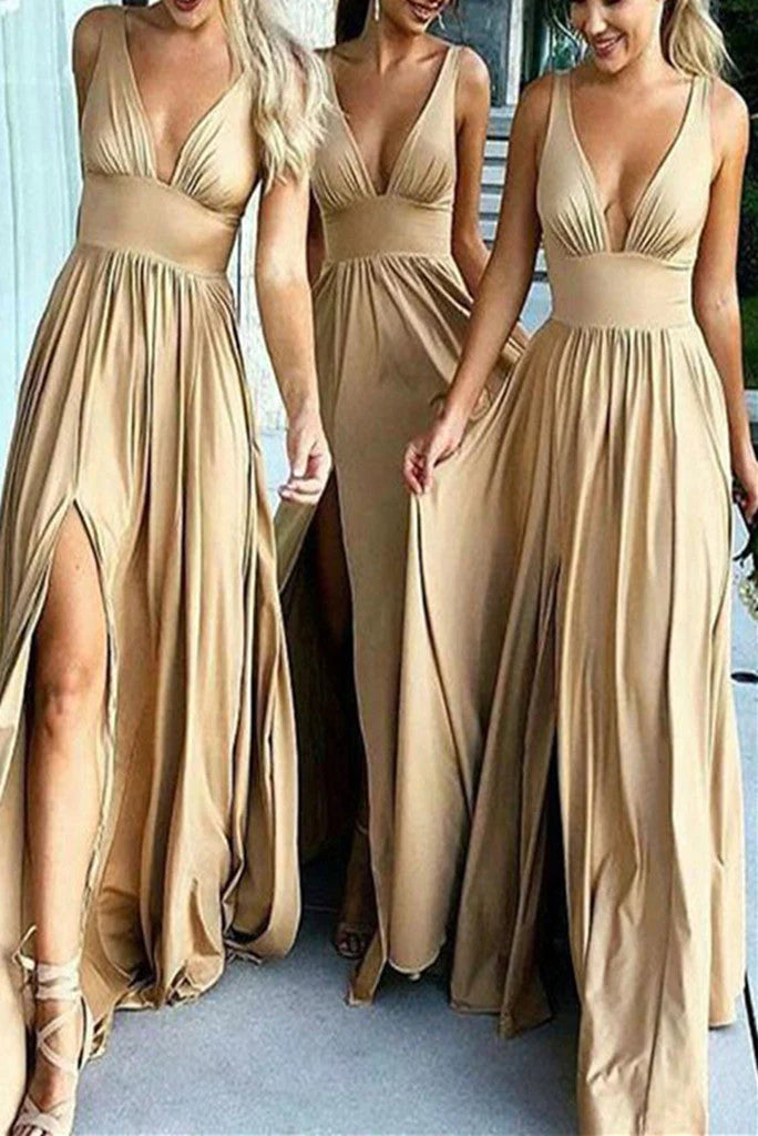 Elegant A-Line V-Neck  Satin Backless Ruffles Sleeveless Bridesmaid Dress with Split
