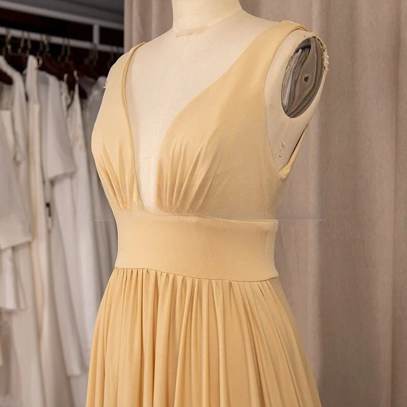 Elegant A-Line V-Neck  Satin Backless Ruffles Sleeveless Bridesmaid Dress with Split