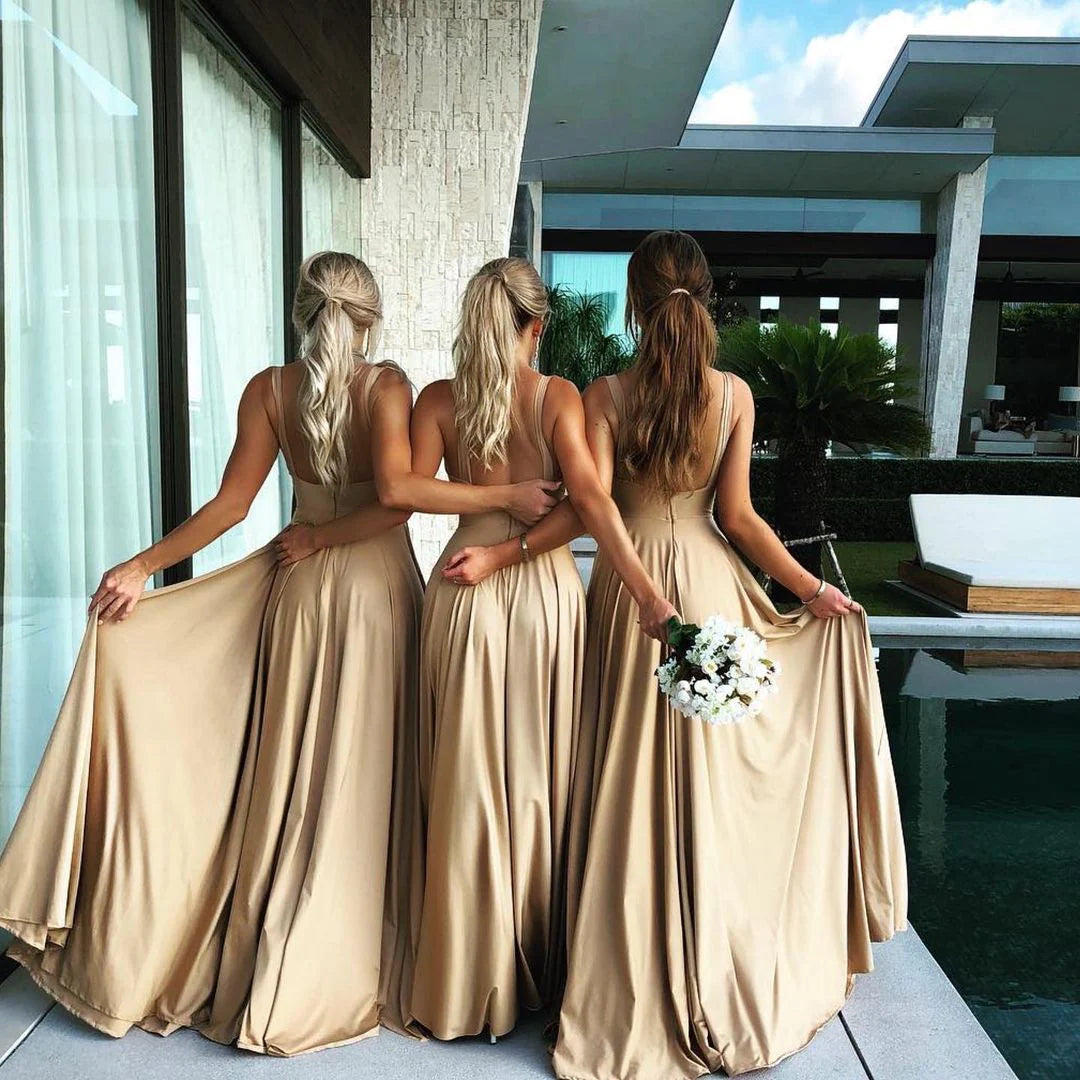 Elegant A-Line V-Neck  Satin Backless Ruffles Sleeveless Bridesmaid Dress with Split