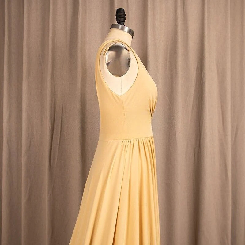 Elegant A-Line V-Neck  Satin Backless Ruffles Sleeveless Bridesmaid Dress with Split