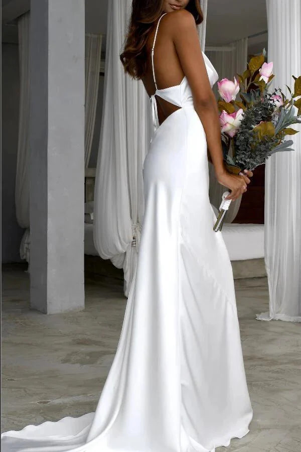 Buyishang Mermaid Satin White Sweep Train Spaghetti Straps Wedding Dress