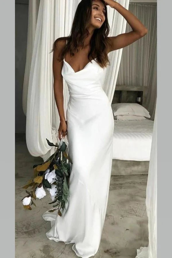 Buyishang Mermaid Satin White Sweep Train Spaghetti Straps Wedding Dress