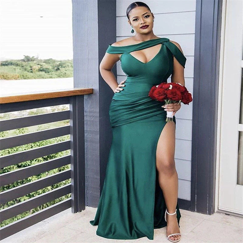 Elegant Mixed Mermaid Green Satin Side Split Bridesmaid Dresses