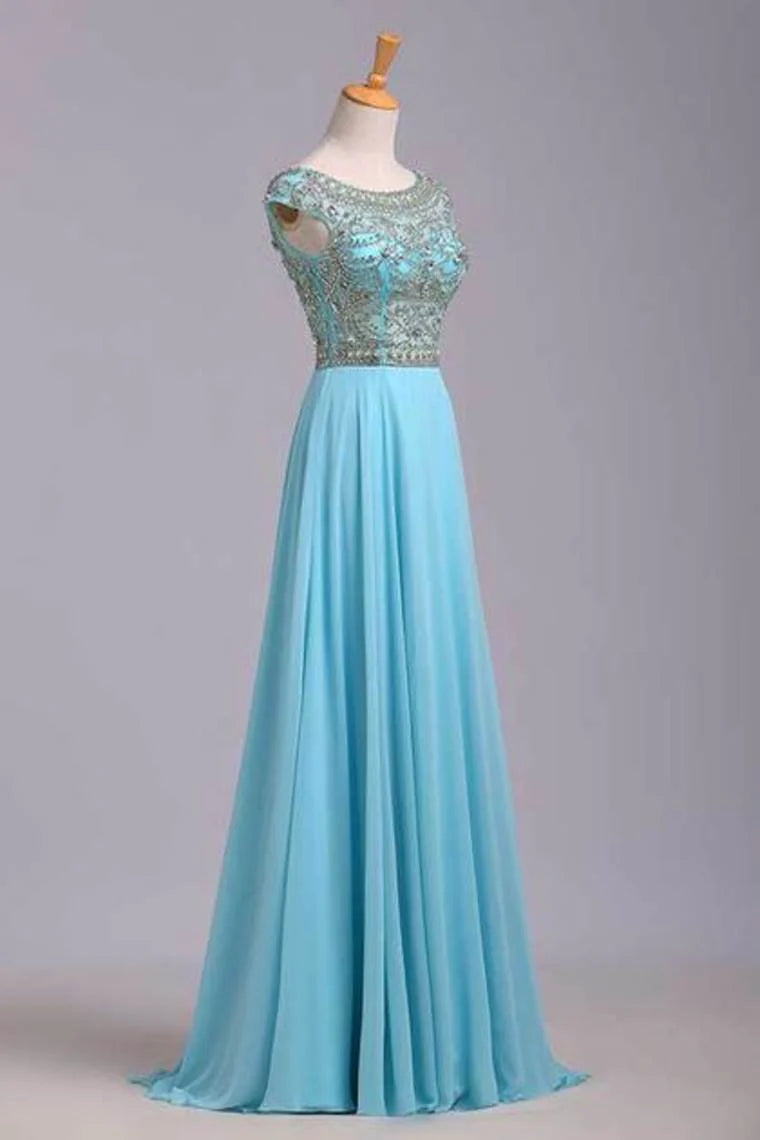 Elegant Party Dresses A-Line Scoop Beaded Bodice Floor-Length Chiffon Zipper Back