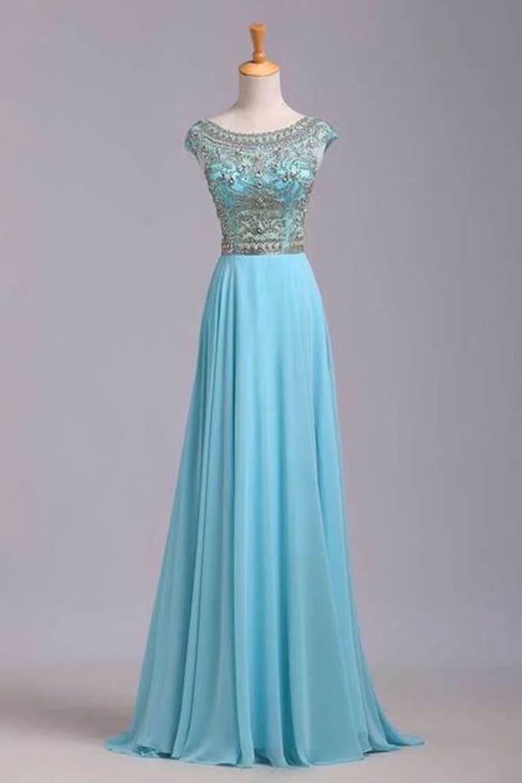 Elegant Party Dresses A-Line Scoop Beaded Bodice Floor-Length Chiffon Zipper Back