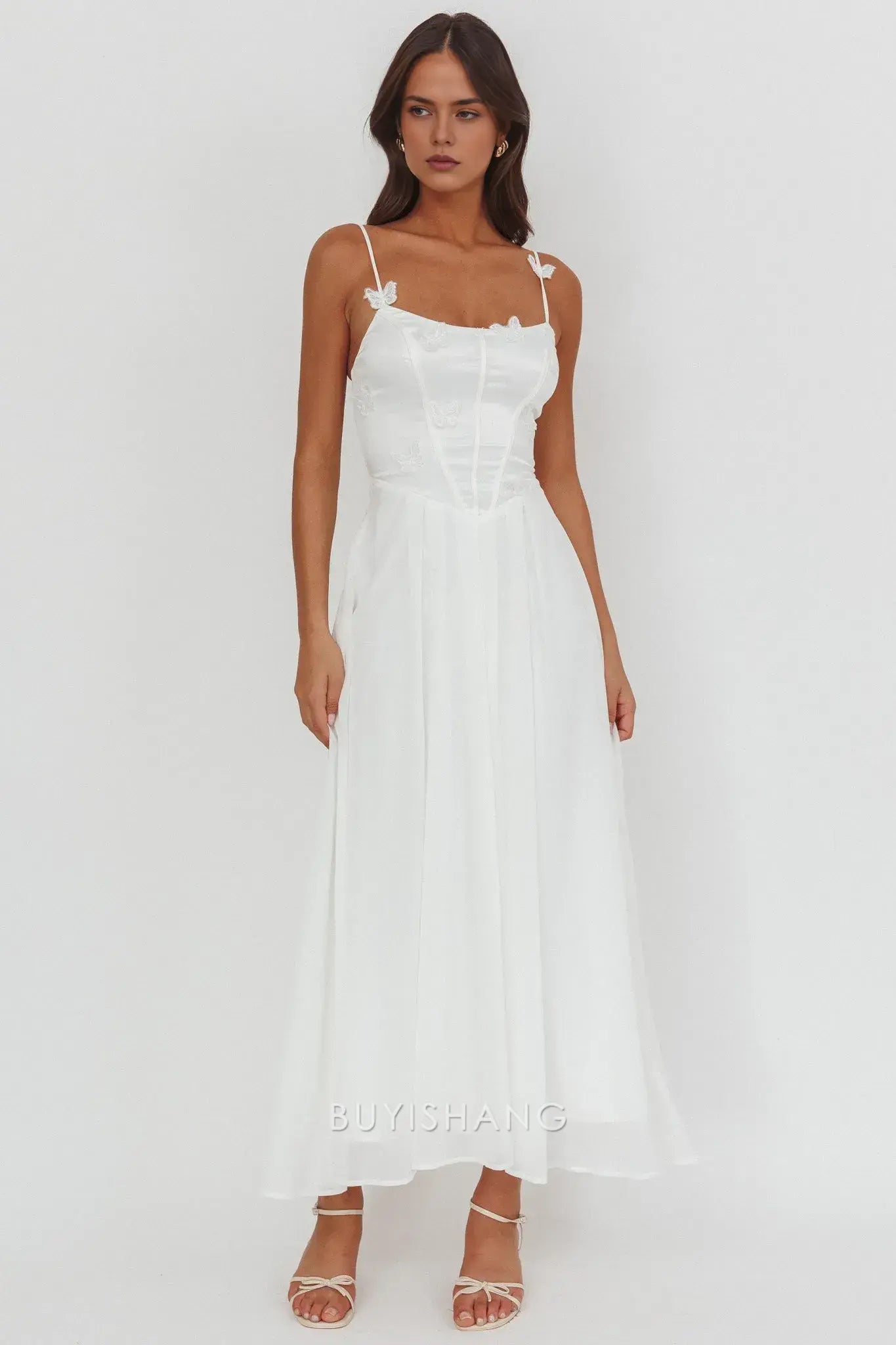 Elegant A-Line Butterfly Appliqué Spaghetti Strap Ankle-Length Maxi Dress prom dress