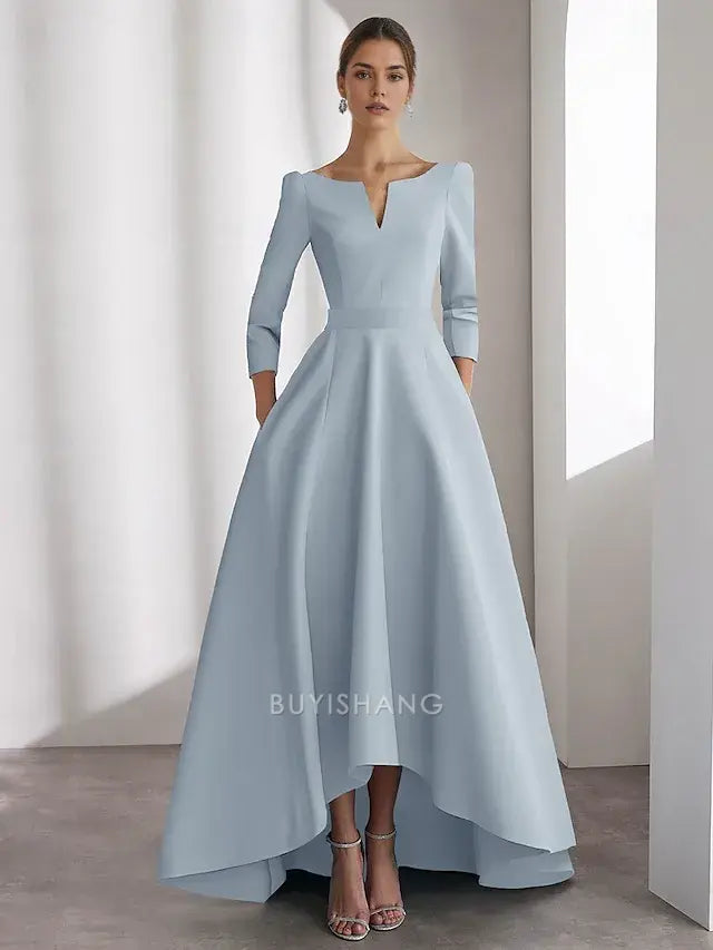 Elegant A-Line Cocktail Dresses Elegant Dress Formal Wedding Asymmetrical Long Sleeve V Neck Satin with Pocket Prom Dresses
