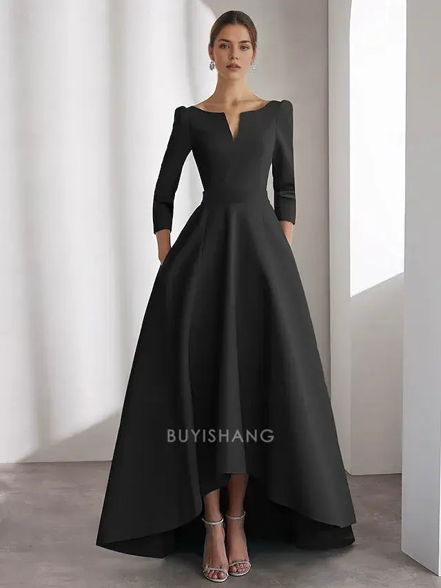 Elegant A-Line Cocktail Dresses Elegant Dress Formal Wedding Asymmetrical Long Sleeve V Neck Satin with Pocket Prom Dresses
